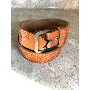 Womens Floral Tooled Brown Leather Belt